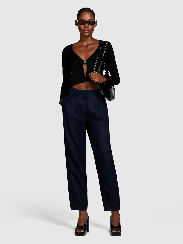 100% linen barrel leg trousers - women's carrot fit trousers - Dark Blue | Sisley image number 1